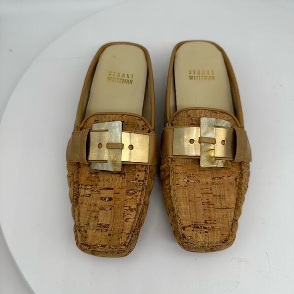 Vintage Stuart Weitzman Square Toe Cork Mules With Gold/Acrylic Buckle Size 4 - Picture 10 of 16